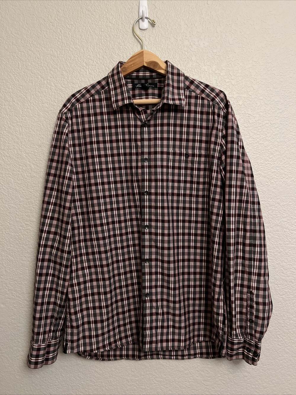 Kenneth Cole Shirt Mens L Red Gray Plaid Button Up Long Sleeve 100% Cotton